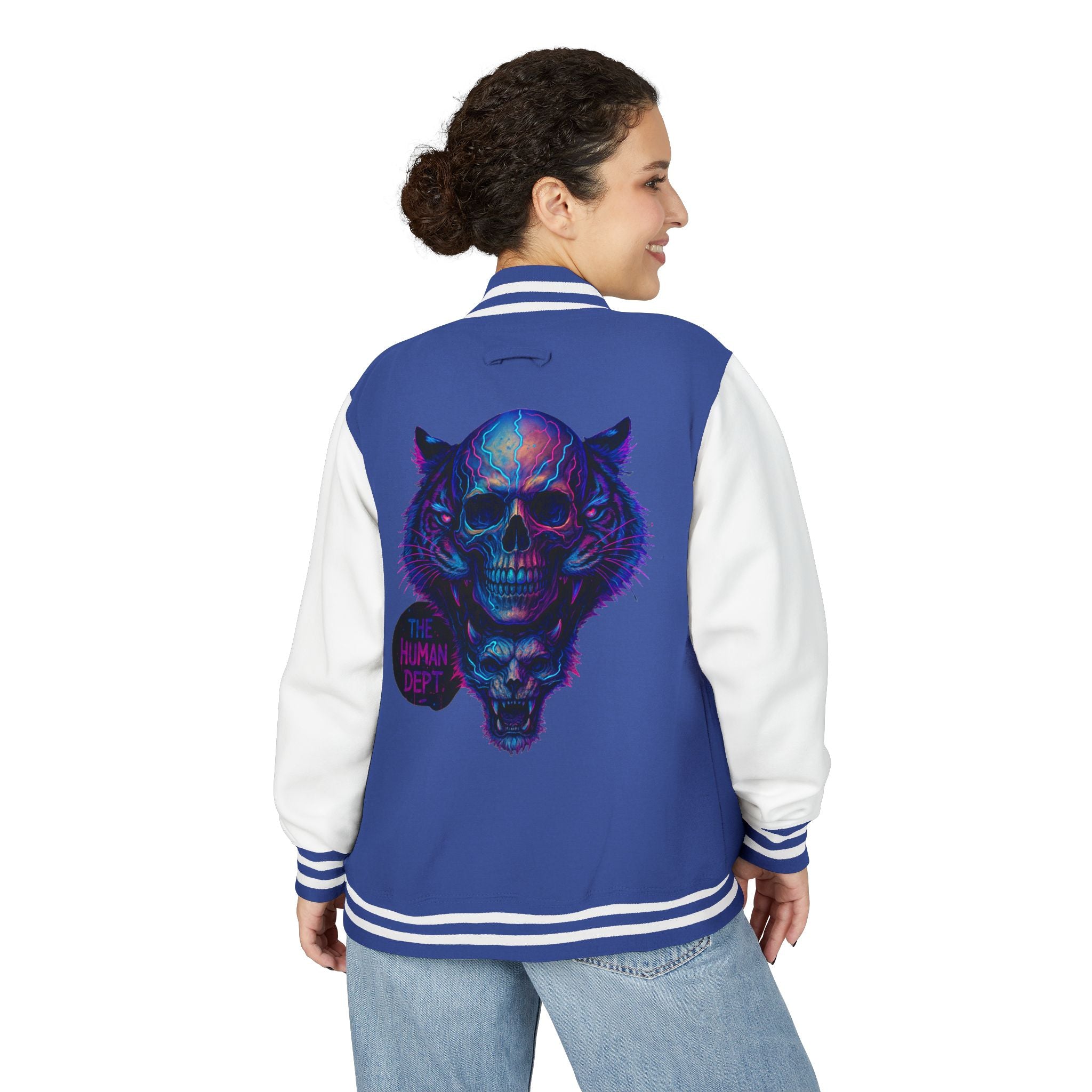 Vibrant Skull Graphic Letterman Jacket | Cool Unisex Outerwear, Trendy Layer, College Apparel, Statement Piece, Streetwear Jacket