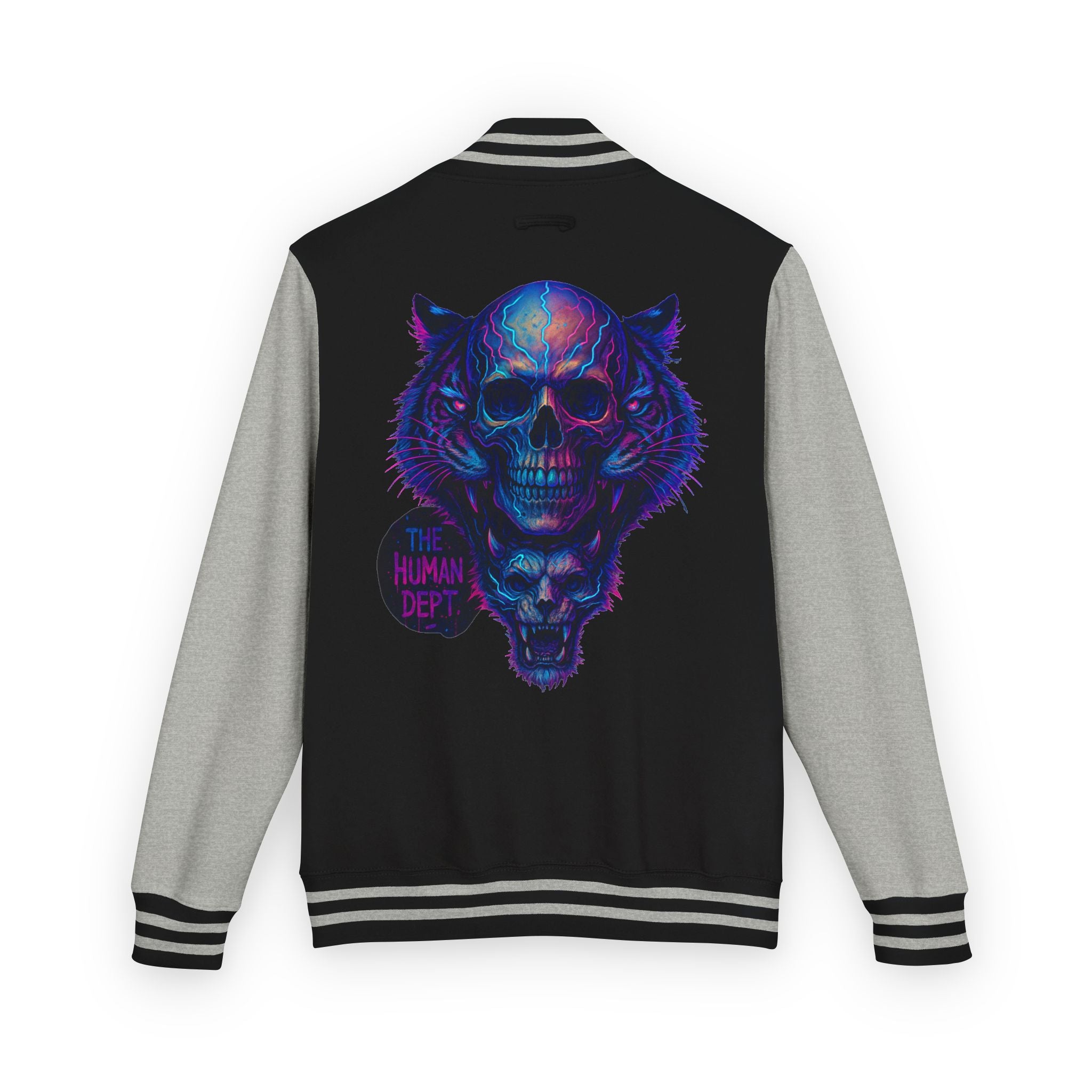 Vibrant Skull Graphic Letterman Jacket | Cool Unisex Outerwear, Trendy Layer, College Apparel, Statement Piece, Streetwear Jacket