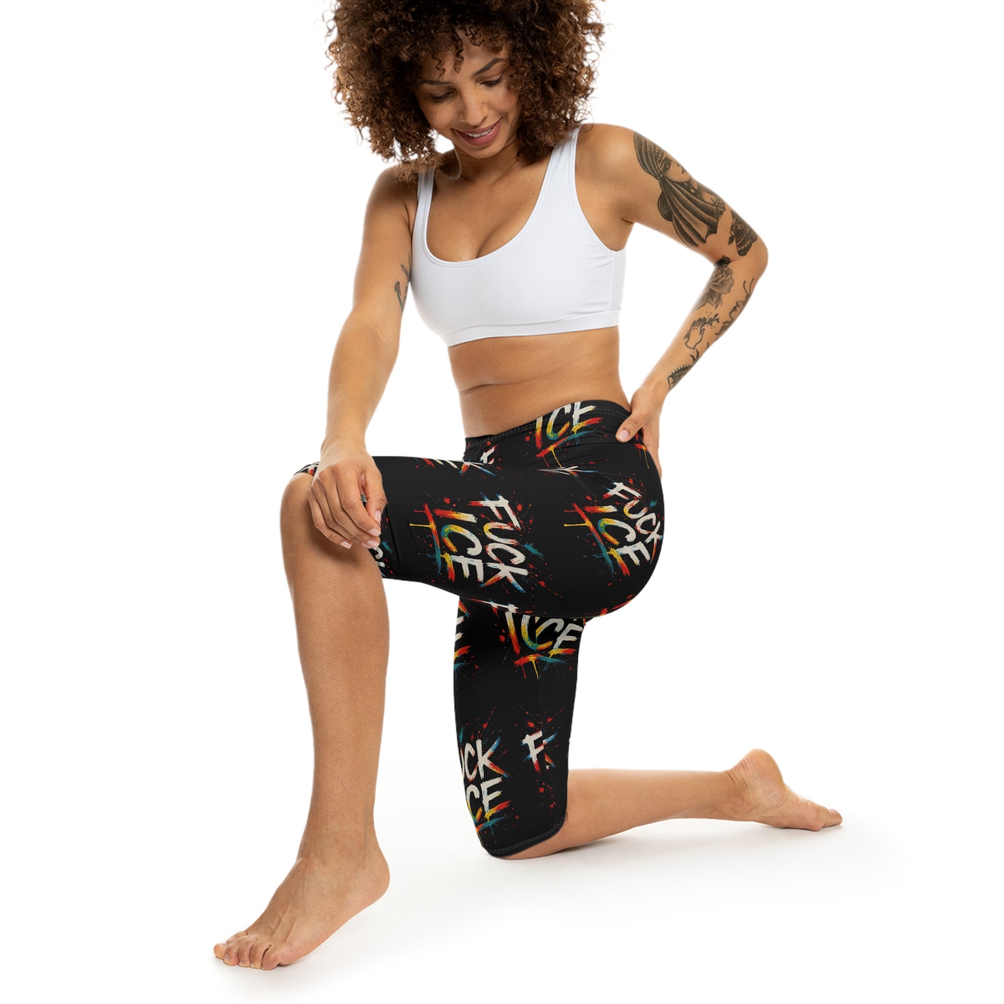 Statement Capri Leggings for Women - Vibrant Graffiti Style F*ck ICE