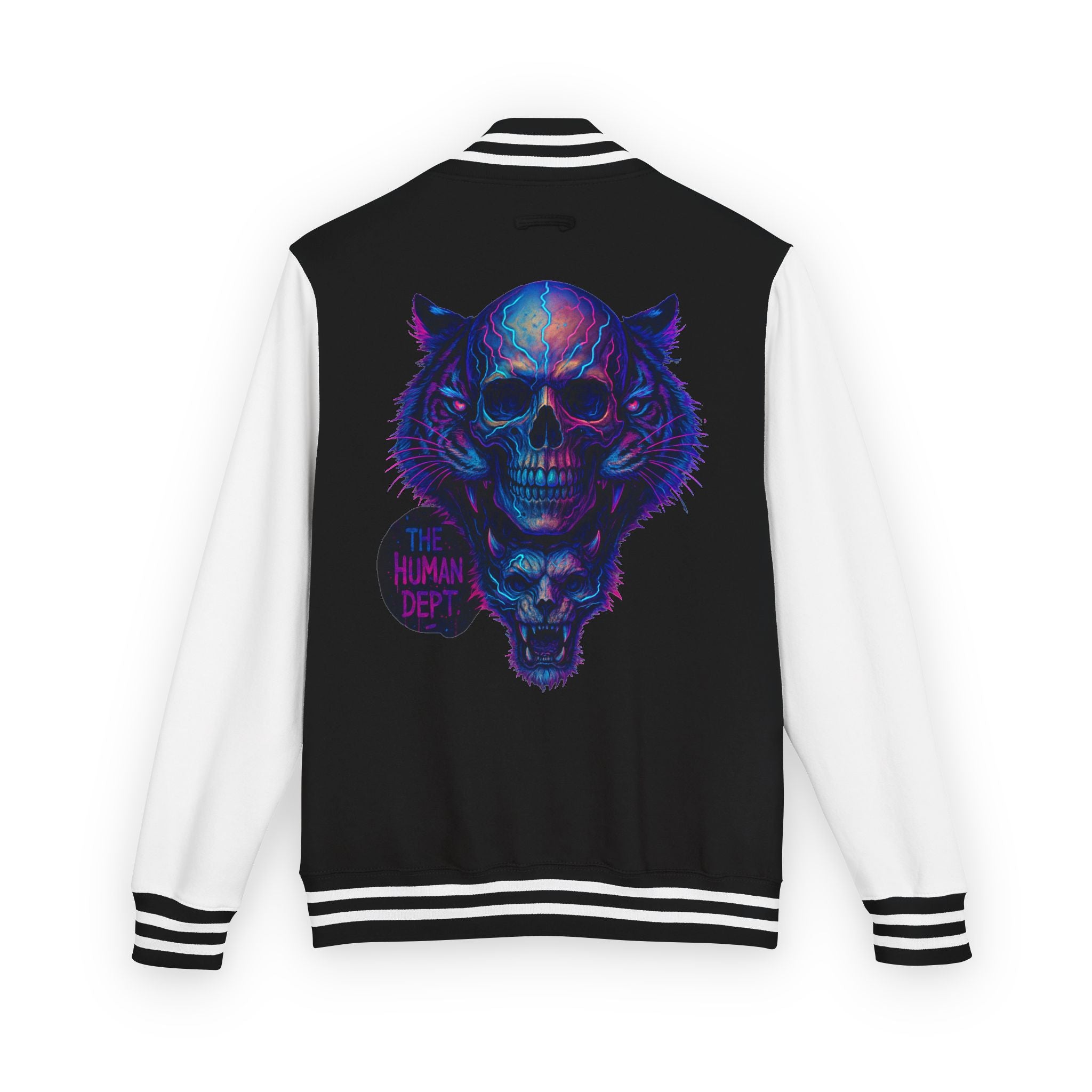Vibrant Skull Graphic Letterman Jacket | Cool Unisex Outerwear, Trendy Layer, College Apparel, Statement Piece, Streetwear Jacket