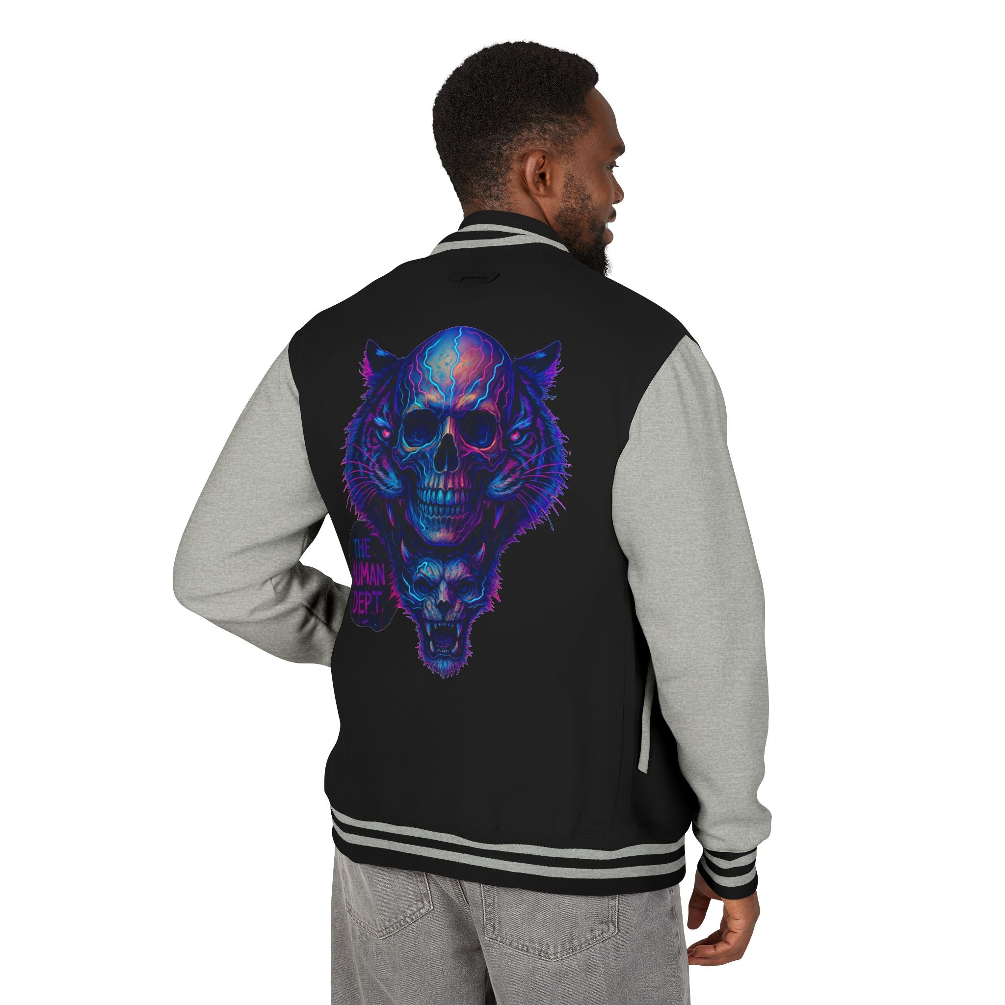 Vibrant Skull Graphic Letterman Jacket | Cool Unisex Outerwear, Trendy Layer, College Apparel, Statement Piece, Streetwear Jacket