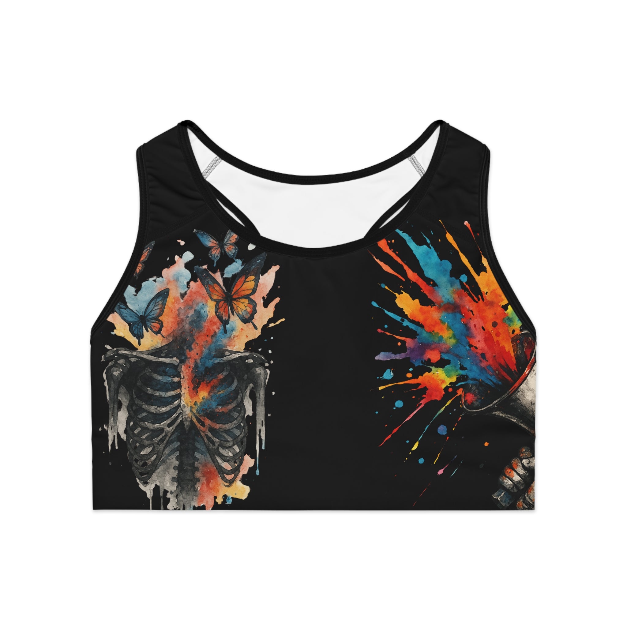 Colorful Skull Print Sports Bra, AOP Activewear, Gym Top, Workout Gear, Fitness Apparel, Unique Athletic Wear