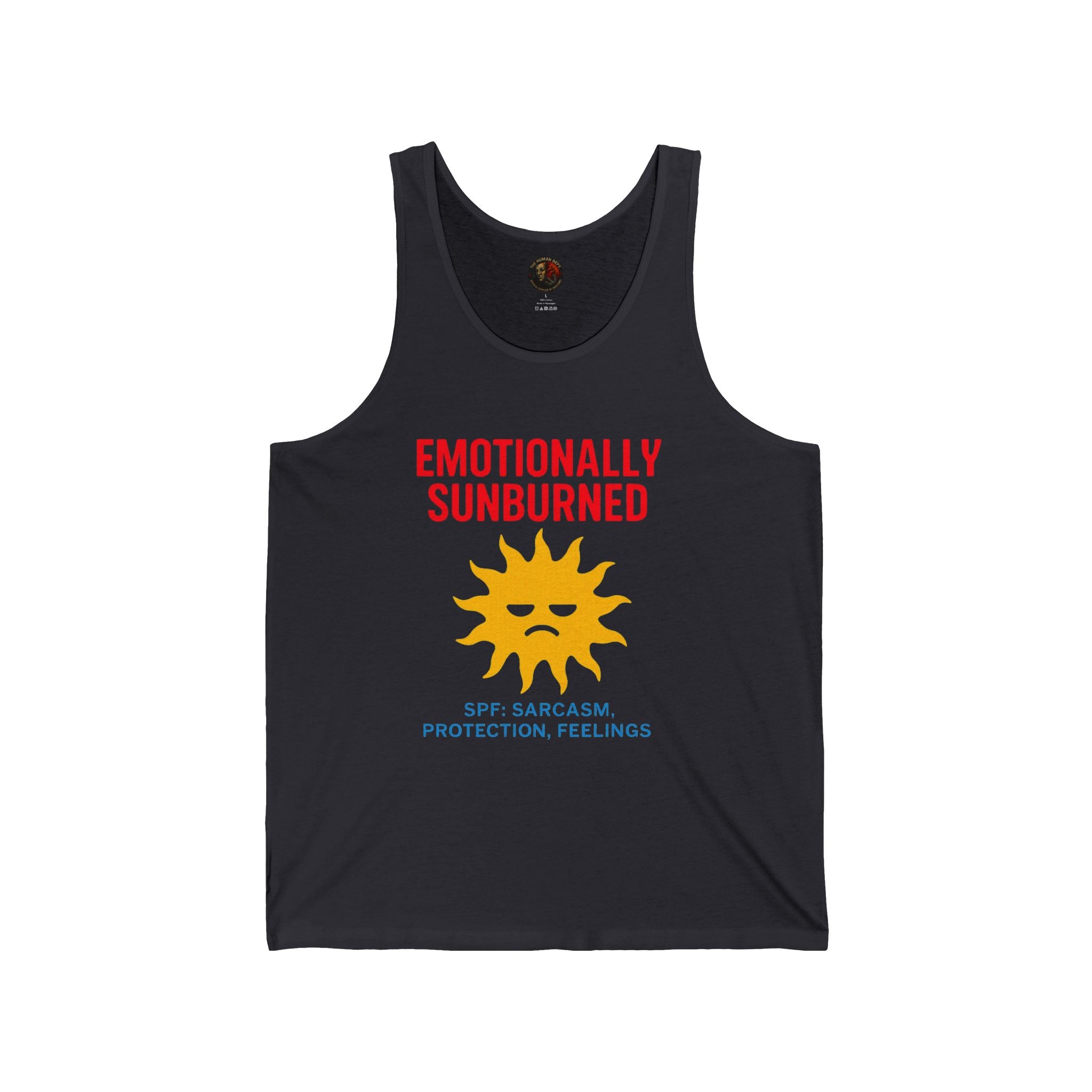 Emotionally Sunburned Unisex Jersey Tank - Summer Vibe, Sarcastic Gift, Beach Wear, Pool Party Top, Funny Sun Protection Tee