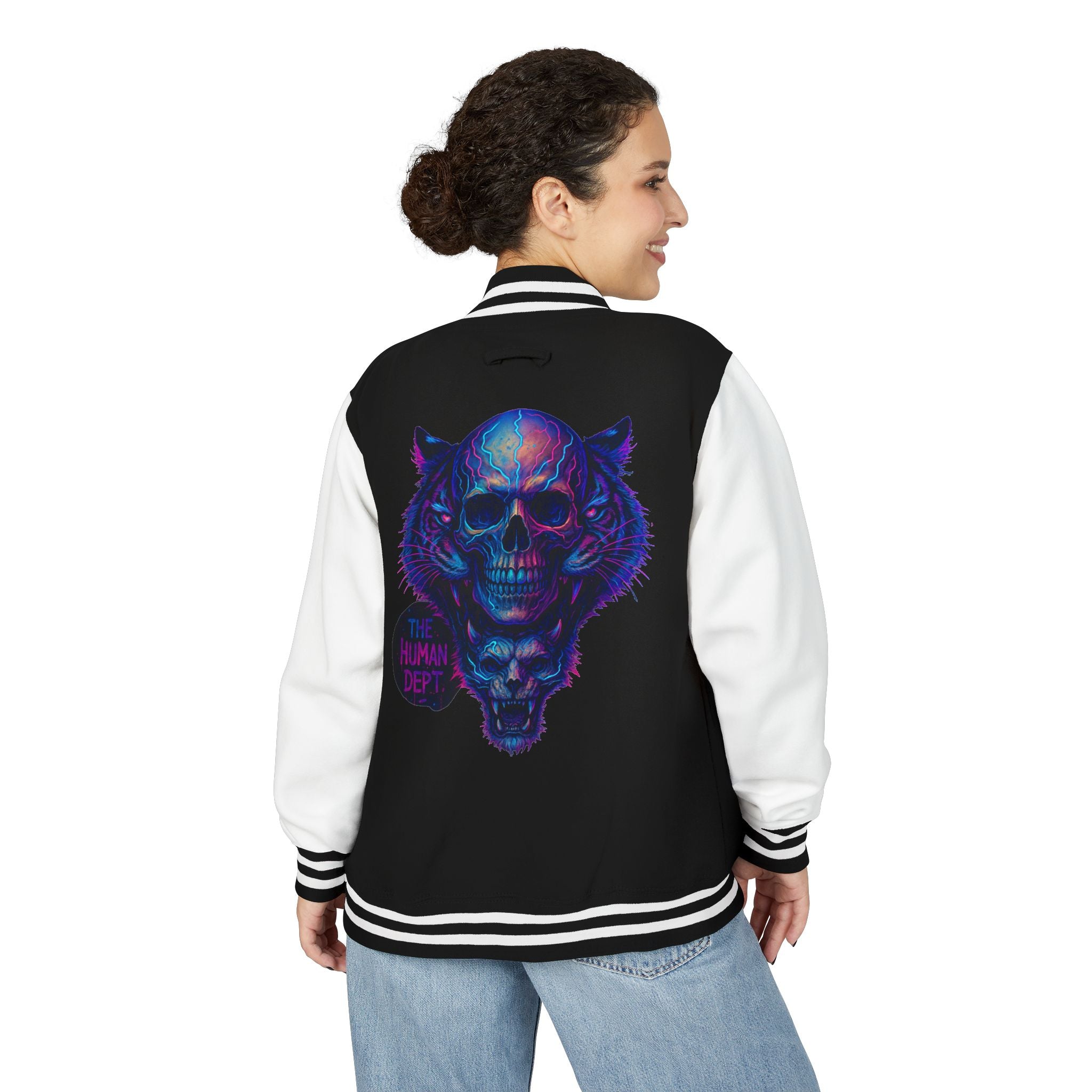 Vibrant Skull Graphic Letterman Jacket | Cool Unisex Outerwear, Trendy Layer, College Apparel, Statement Piece, Streetwear Jacket