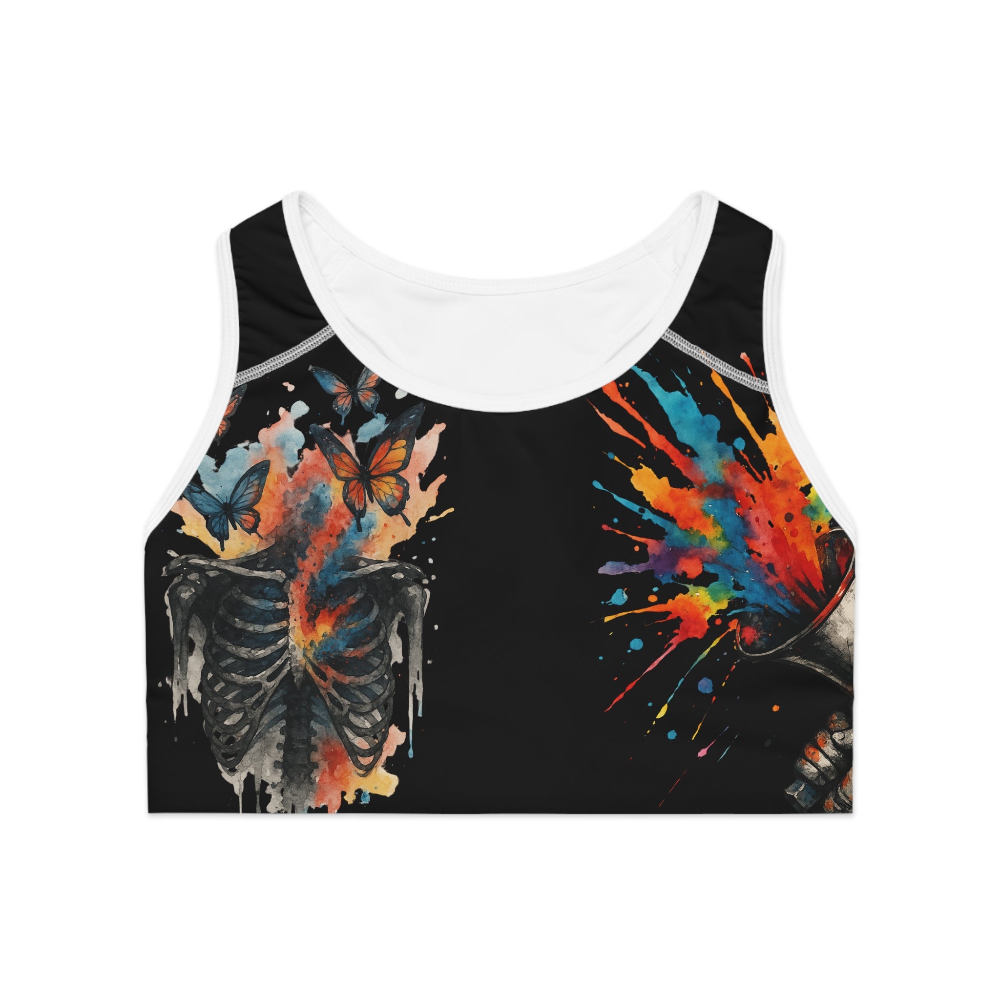 Colorful Skull Print Sports Bra, AOP Activewear, Gym Top, Workout Gear, Fitness Apparel, Unique Athletic Wear