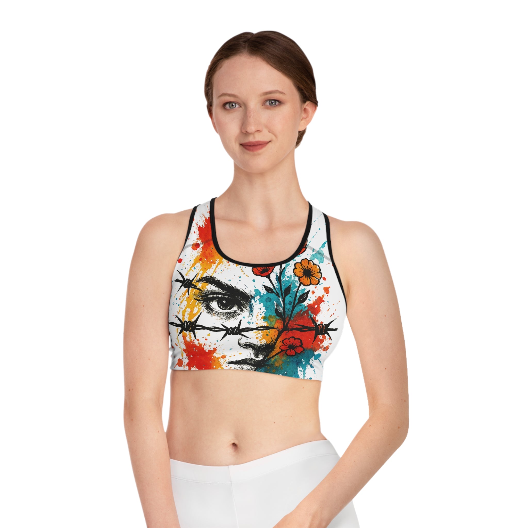 Vibrant Art-Print Sports Bra, Floral Design Fitness Top, Workout Gear, Athleisure Wear, Gift for Fitness Lovers, Motivational Sports Bra