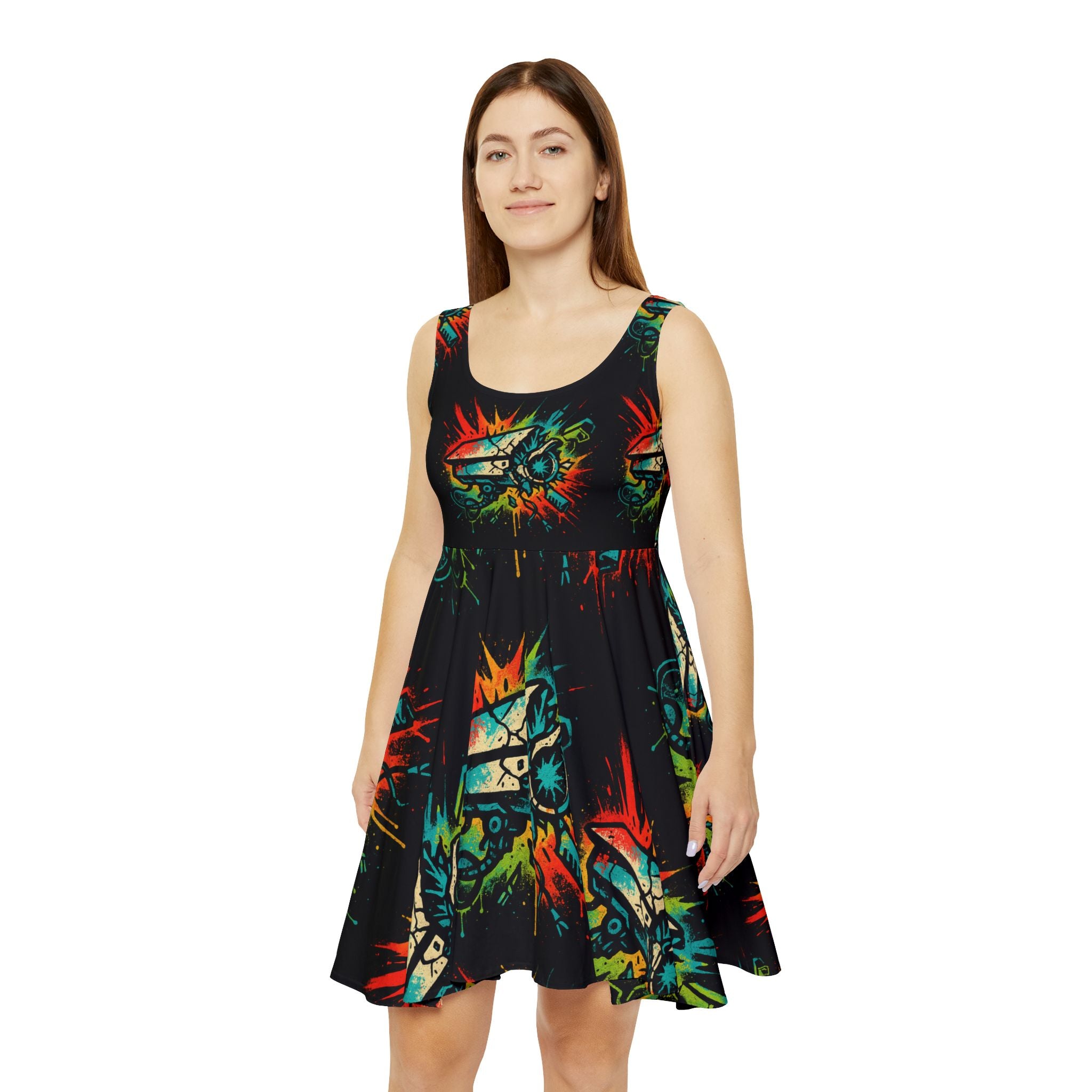 Vibrant Graphic Women's Skater Dress, Censorship - Colorful AOP Design