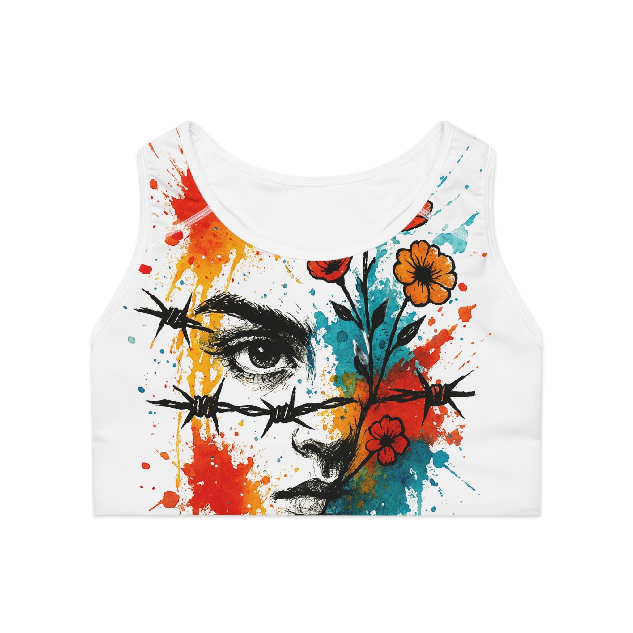 Vibrant Art-Print Sports Bra, Floral Design Fitness Top, Workout Gear, Athleisure Wear, Gift for Fitness Lovers, Motivational Sports Bra