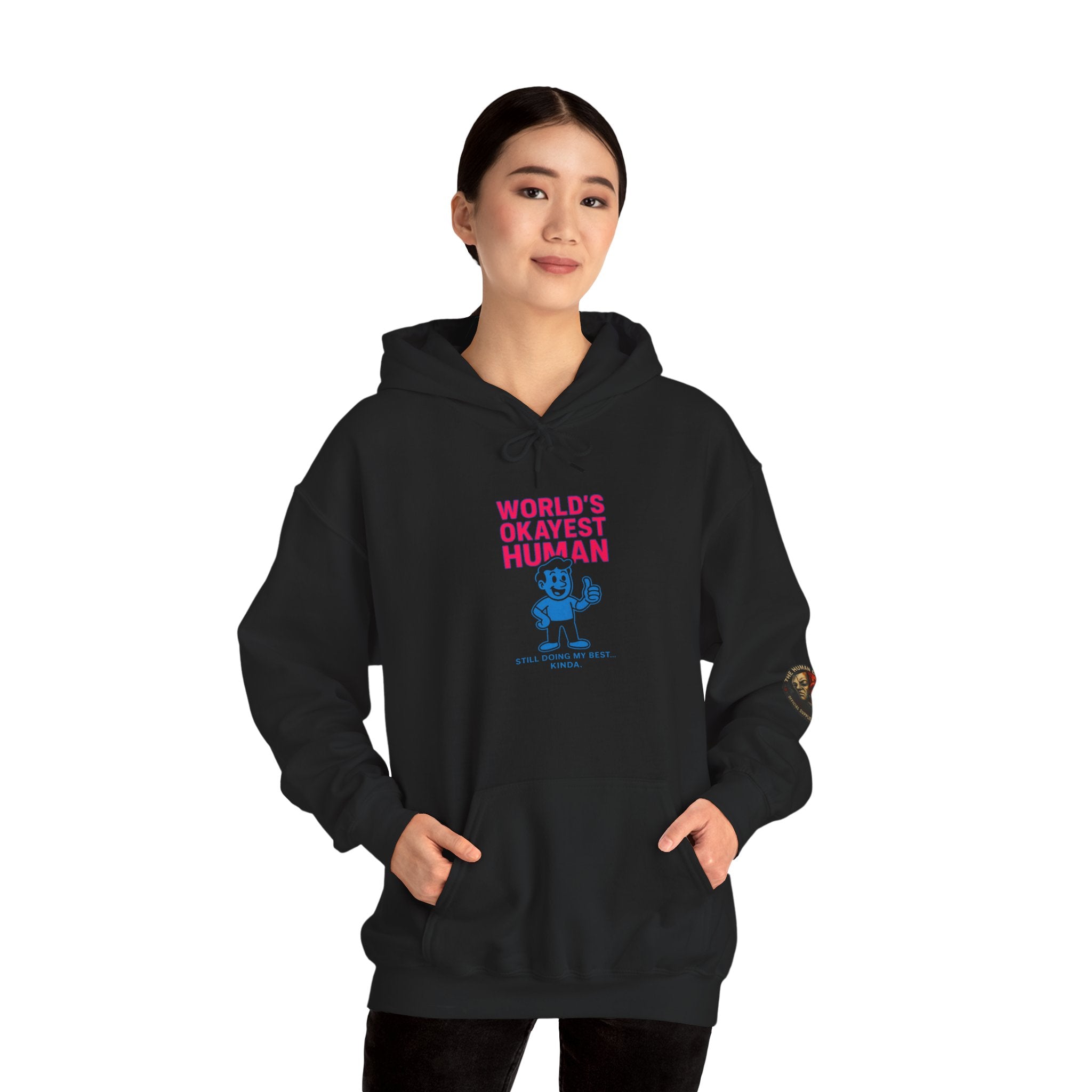 World's Okayest Human Hoodie, Casual Sweatshirt, Fun Gift for Friends, Comfortable Unisex Apparel, Relaxed Fit Hoodie, Perfect for Birthdays