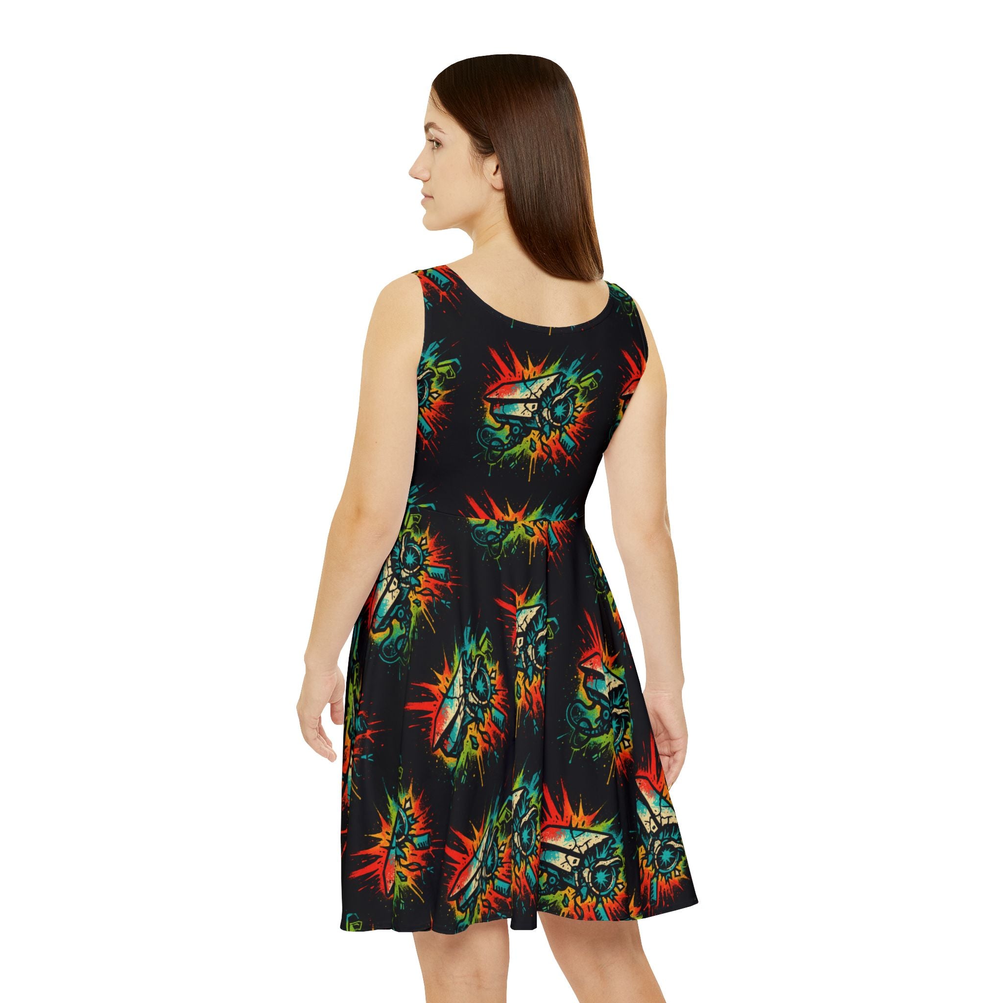 Vibrant Graphic Women's Skater Dress, Censorship - Colorful AOP Design
