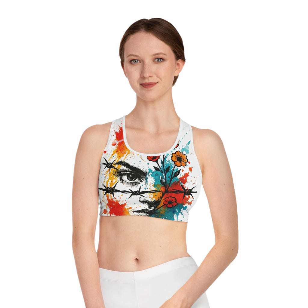 Vibrant Art-Print Sports Bra, Floral Design Fitness Top, Workout Gear, Athleisure Wear, Gift for Fitness Lovers, Motivational Sports Bra