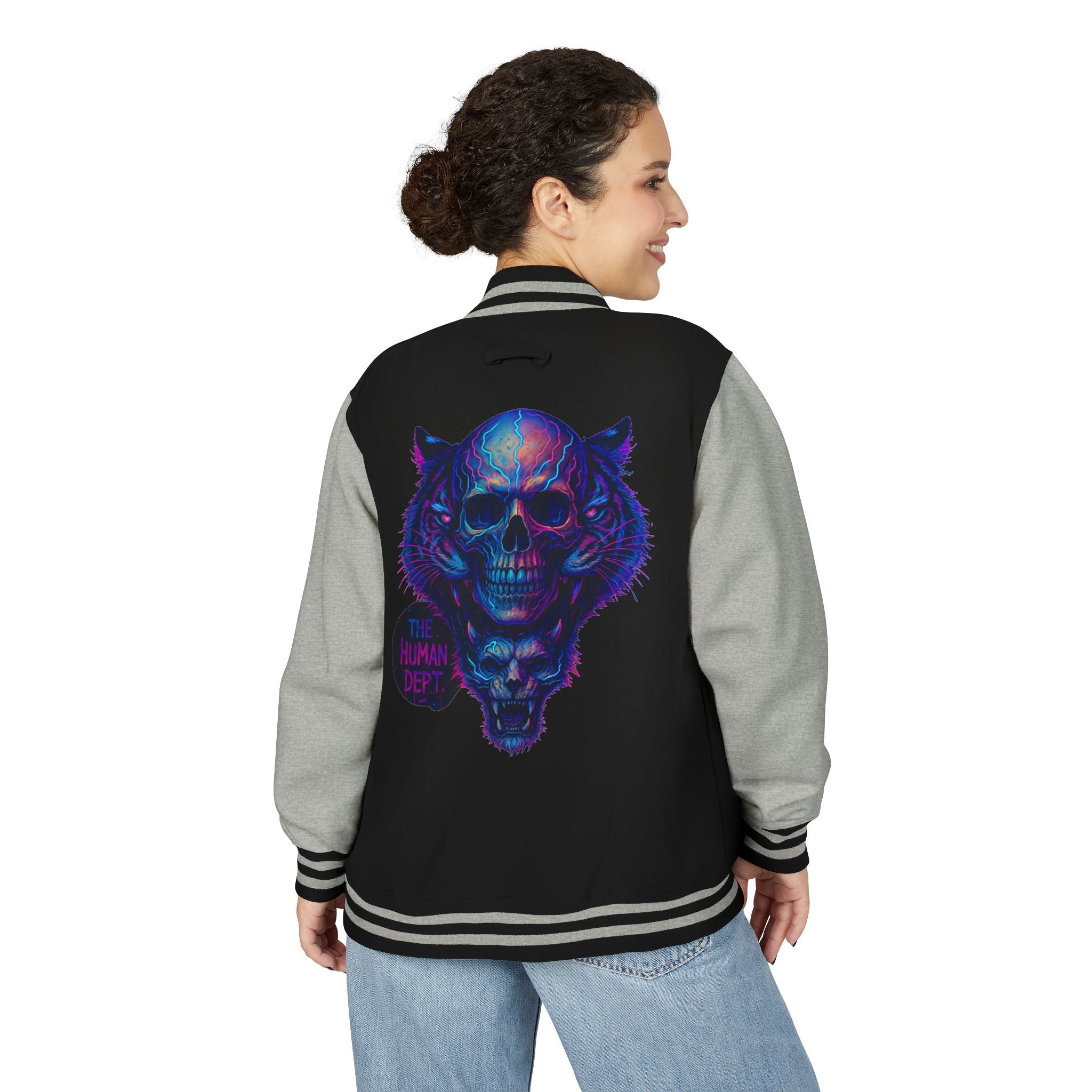 Vibrant Skull Graphic Letterman Jacket | Cool Unisex Outerwear, Trendy Layer, College Apparel, Statement Piece, Streetwear Jacket