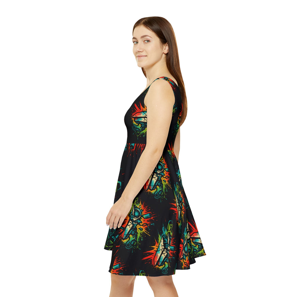 Vibrant Graphic Women's Skater Dress, Censorship - Colorful AOP Design