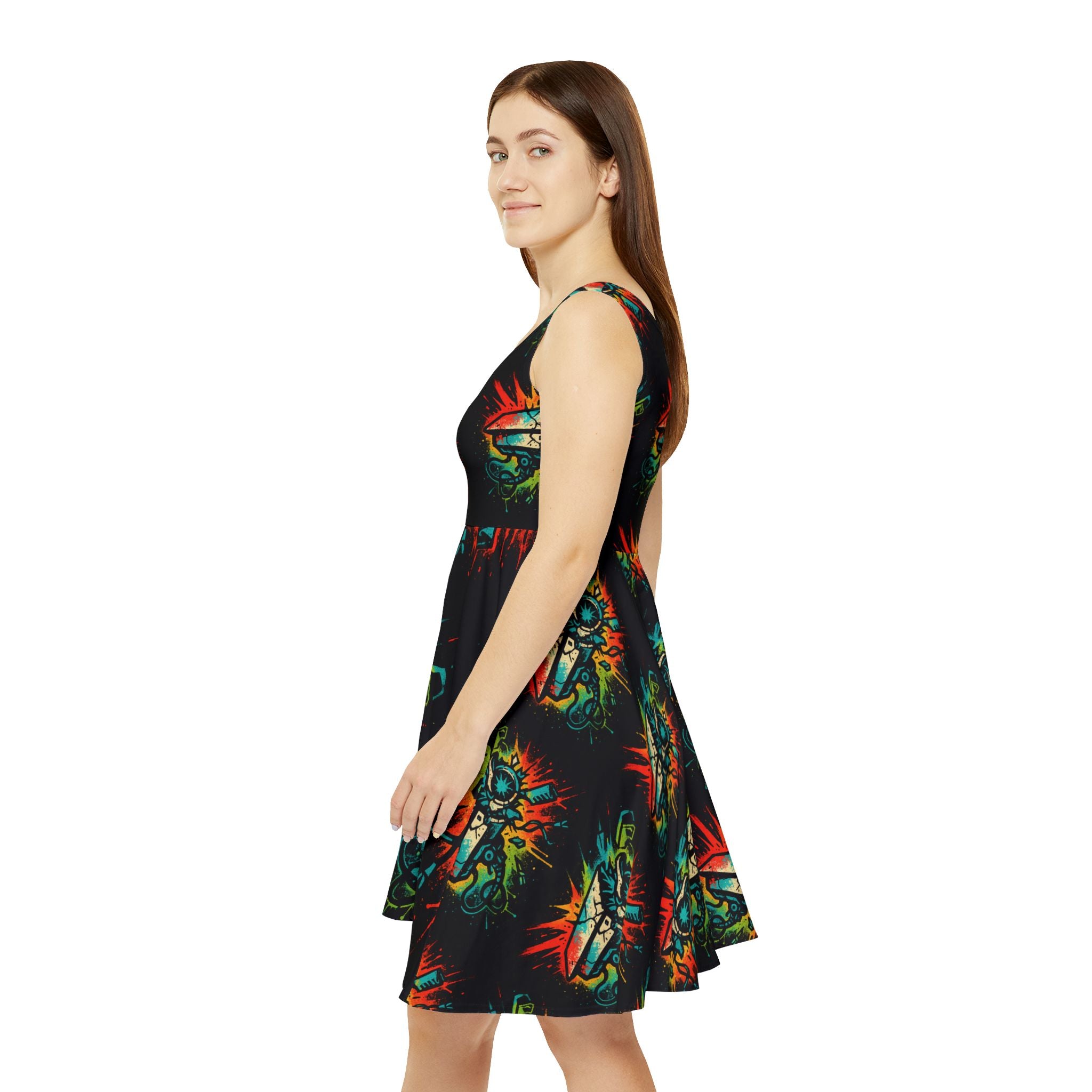 Vibrant Graphic Women's Skater Dress, Censorship - Colorful AOP Design