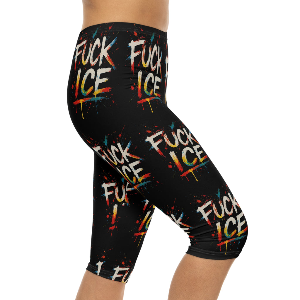 Statement Capri Leggings for Women - Vibrant Graffiti Style F*ck ICE