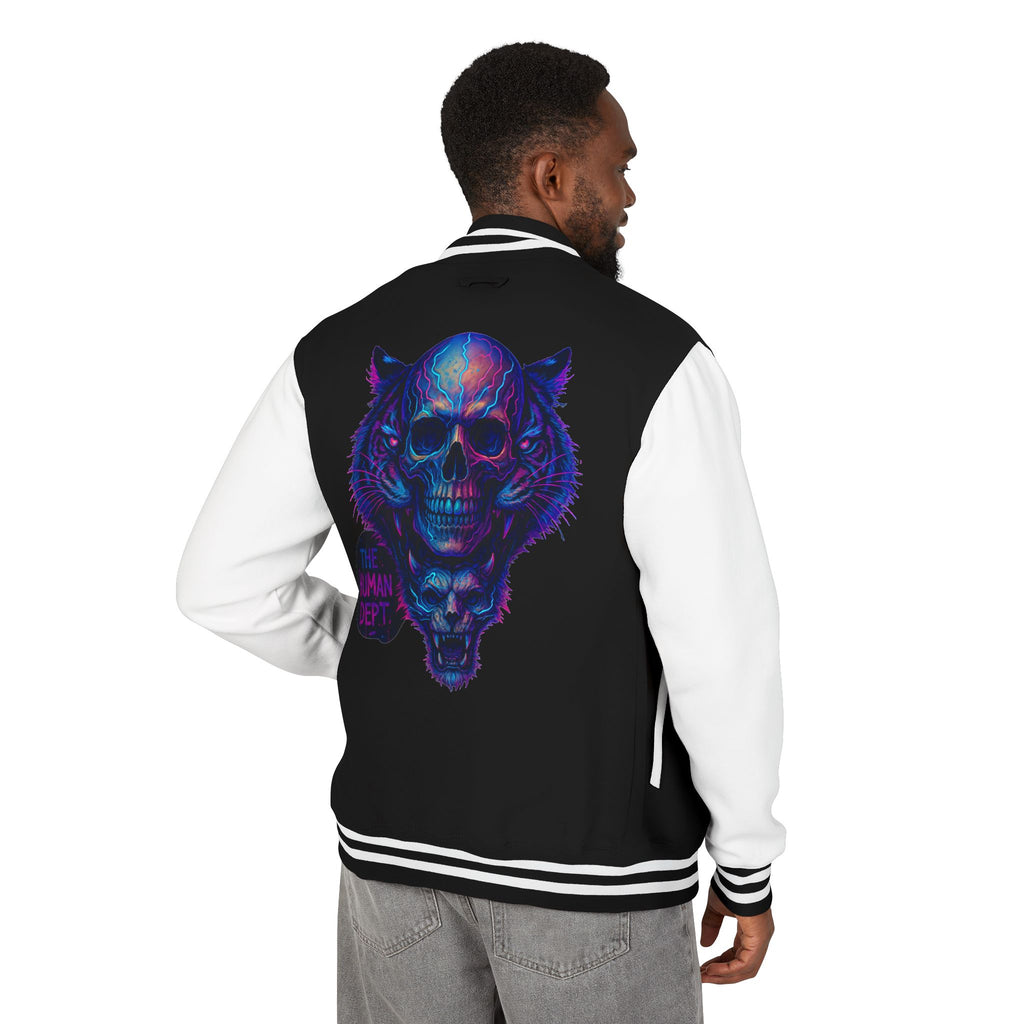 Vibrant Skull Graphic Letterman Jacket | Cool Unisex Outerwear, Trendy Layer, College Apparel, Statement Piece, Streetwear Jacket