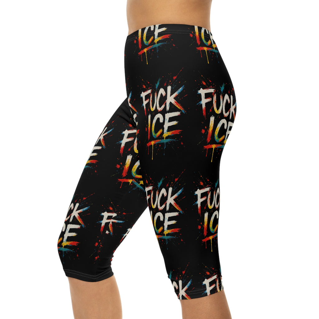 Statement Capri Leggings for Women - Vibrant Graffiti Style F*ck ICE