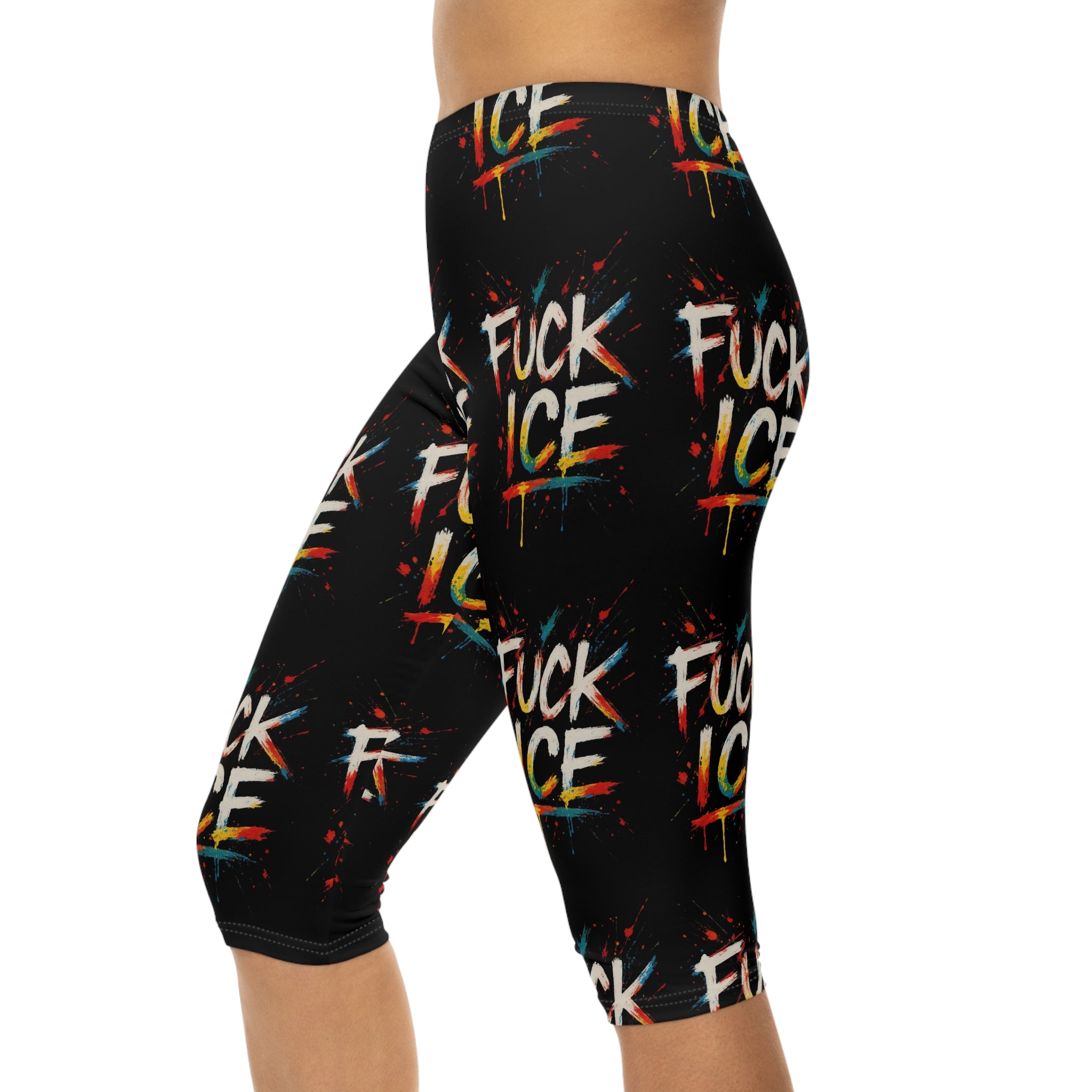 Statement Capri Leggings for Women - Vibrant Graffiti Style F*ck ICE