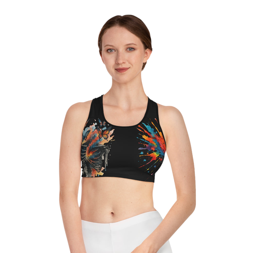 Colorful Skull Print Sports Bra, AOP Activewear, Gym Top, Workout Gear, Fitness Apparel, Unique Athletic Wear