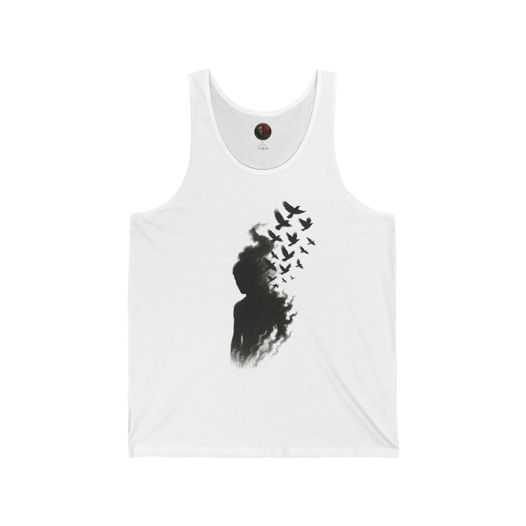 Dreamy Bird Silhouette Unisex Jersey Tank, Summer Vibe Shirt, Casual Wear, Gift for Nature Lovers, Festival Top, Minimalist Style