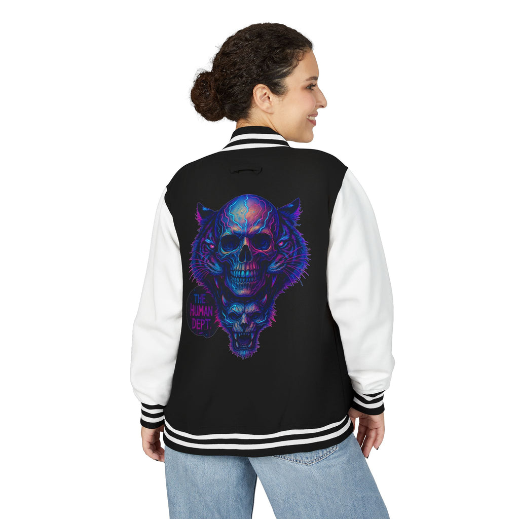 Vibrant Skull Graphic Letterman Jacket | Cool Unisex Outerwear, Trendy Layer, College Apparel, Statement Piece, Streetwear Jacket
