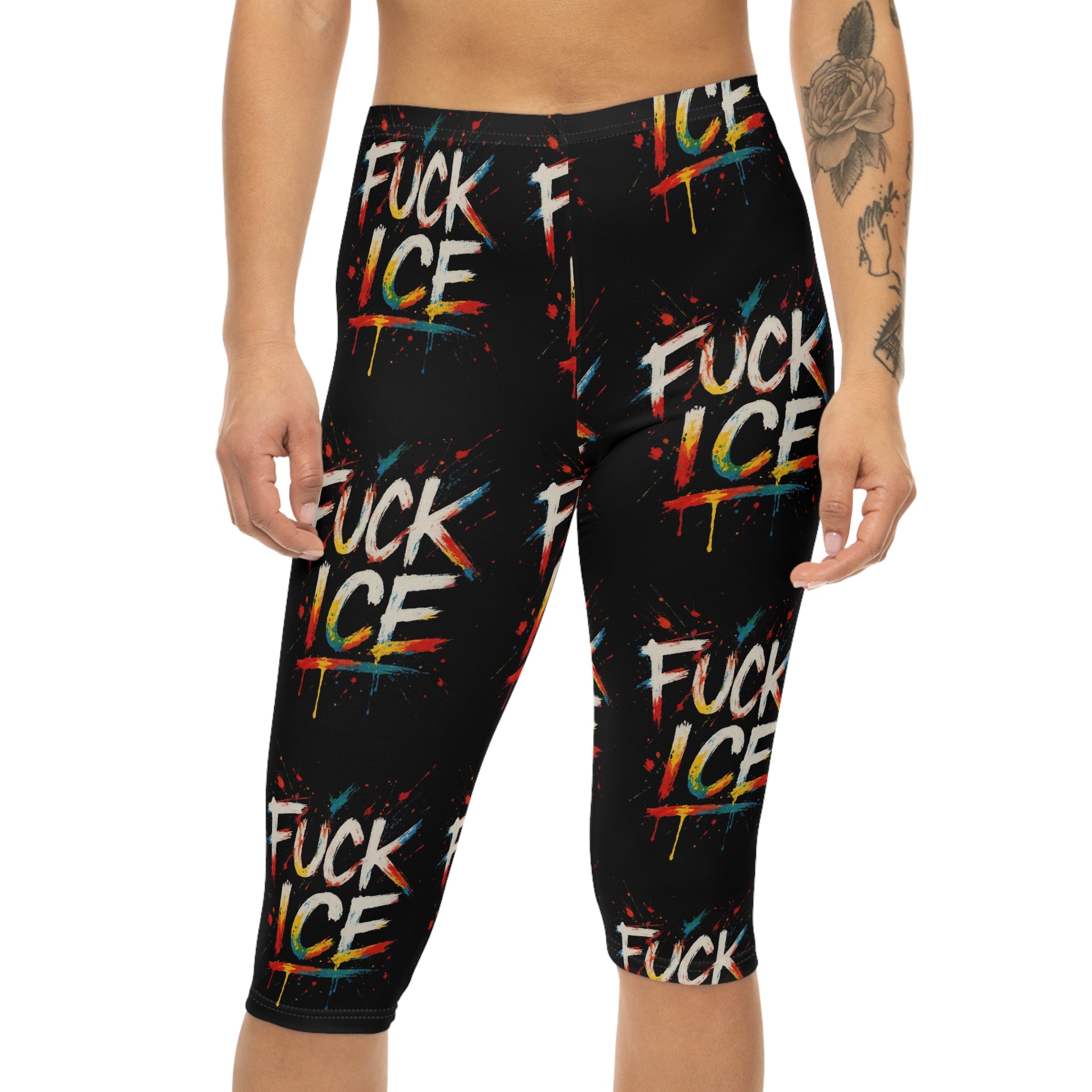 Statement Capri Leggings for Women - Vibrant Graffiti Style F*ck ICE