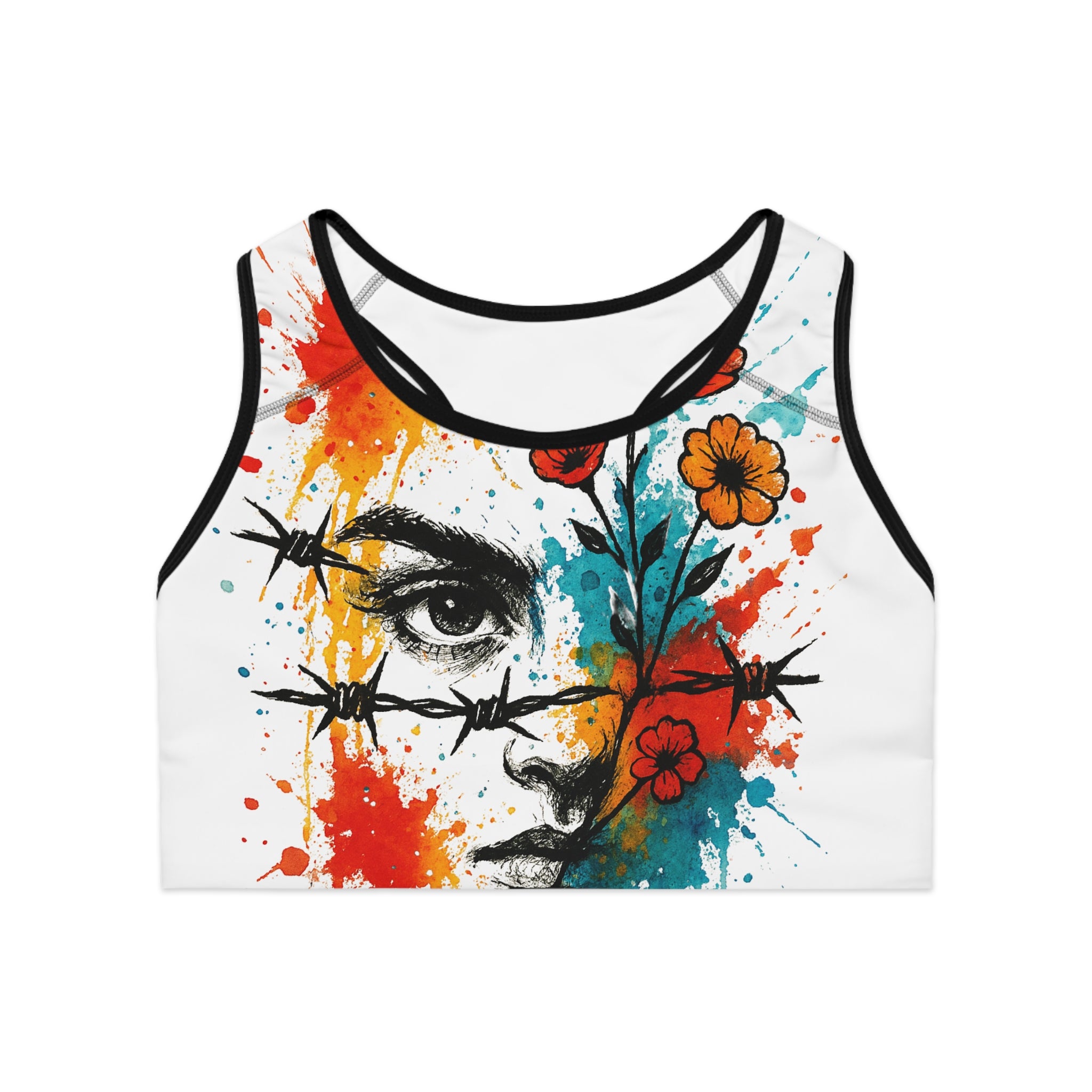 Vibrant Art-Print Sports Bra, Floral Design Fitness Top, Workout Gear, Athleisure Wear, Gift for Fitness Lovers, Motivational Sports Bra