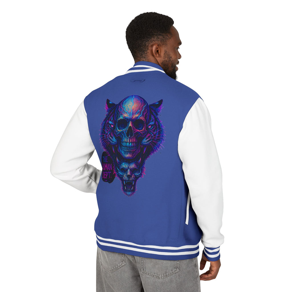 Vibrant Skull Graphic Letterman Jacket | Cool Unisex Outerwear, Trendy Layer, College Apparel, Statement Piece, Streetwear Jacket