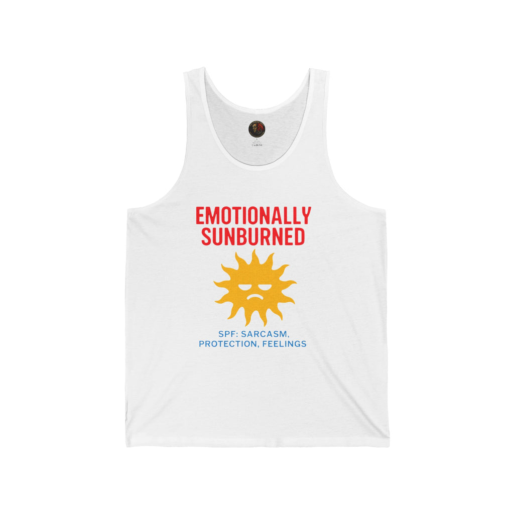 Emotionally Sunburned Unisex Jersey Tank - Summer Vibe, Sarcastic Gift, Beach Wear, Pool Party Top, Funny Sun Protection Tee