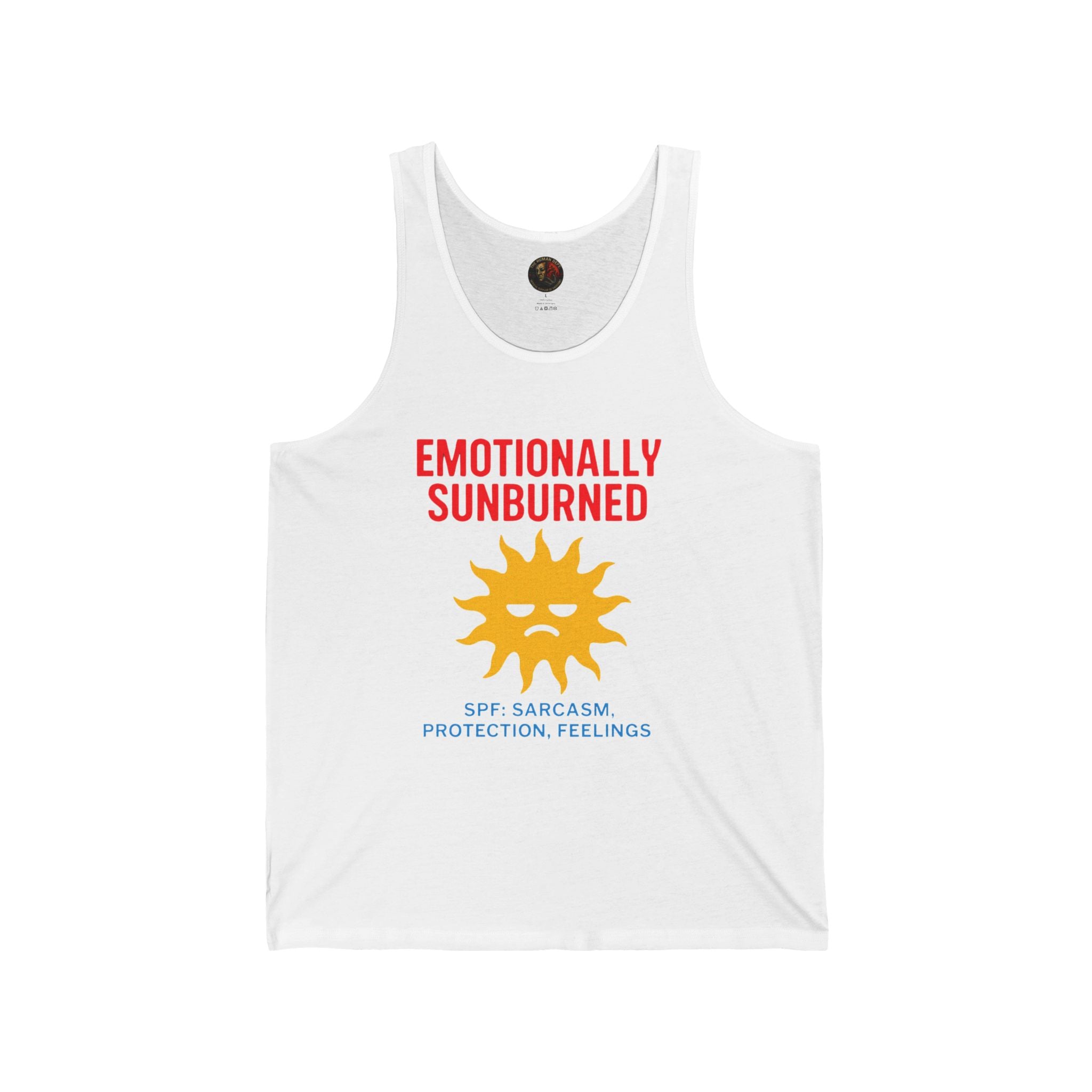 Emotionally Sunburned Unisex Jersey Tank - Summer Vibe, Sarcastic Gift, Beach Wear, Pool Party Top, Funny Sun Protection Tee