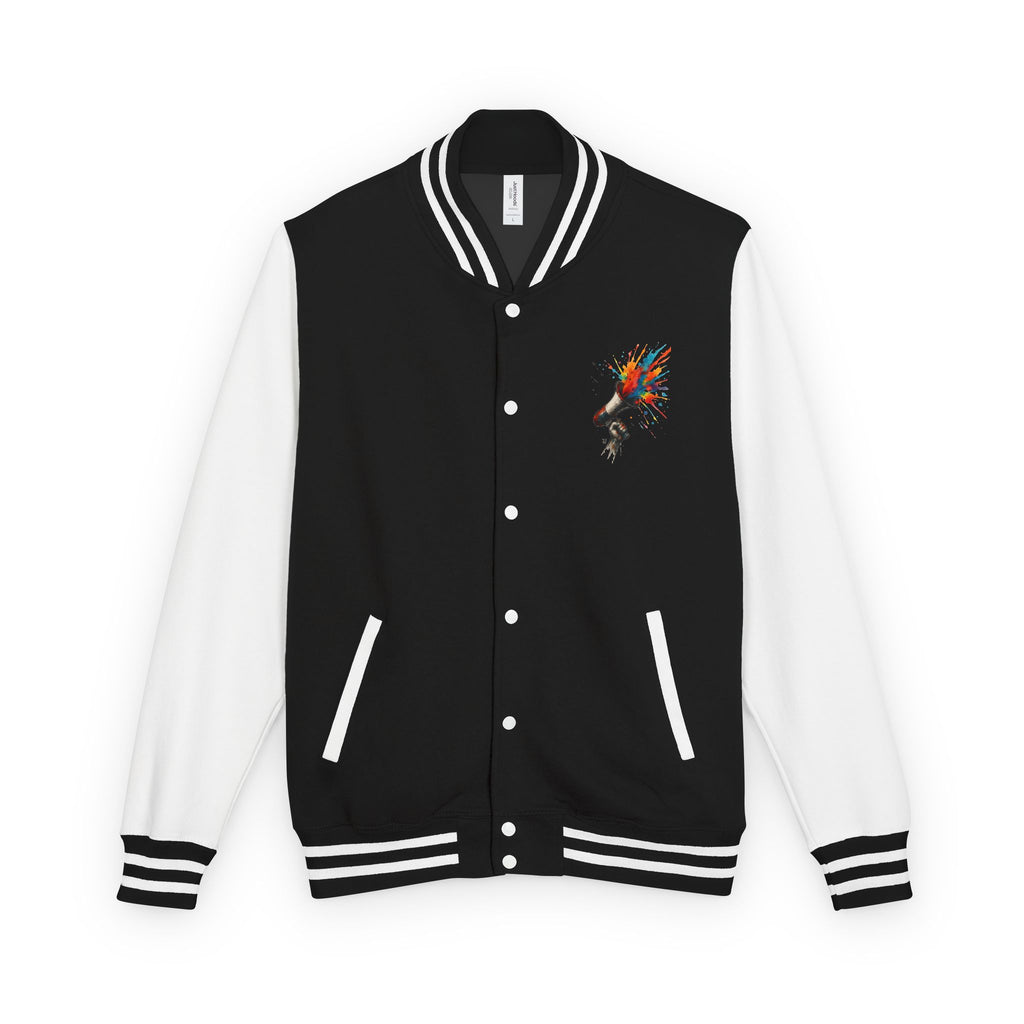 Vibrant Skull Graphic Letterman Jacket | Cool Unisex Outerwear, Trendy Layer, College Apparel, Statement Piece, Streetwear Jacket