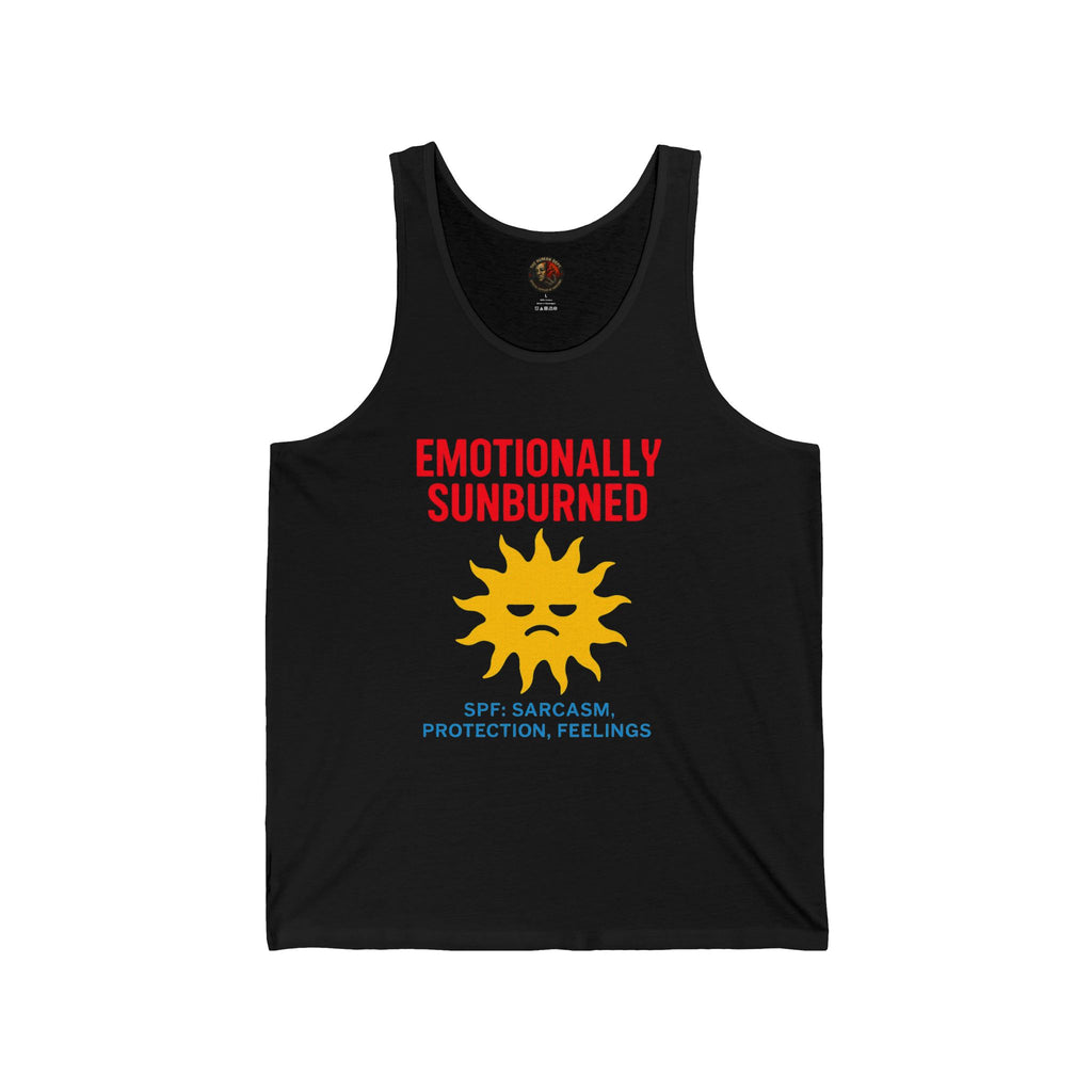 Emotionally Sunburned Unisex Jersey Tank - Summer Vibe, Sarcastic Gift, Beach Wear, Pool Party Top, Funny Sun Protection Tee